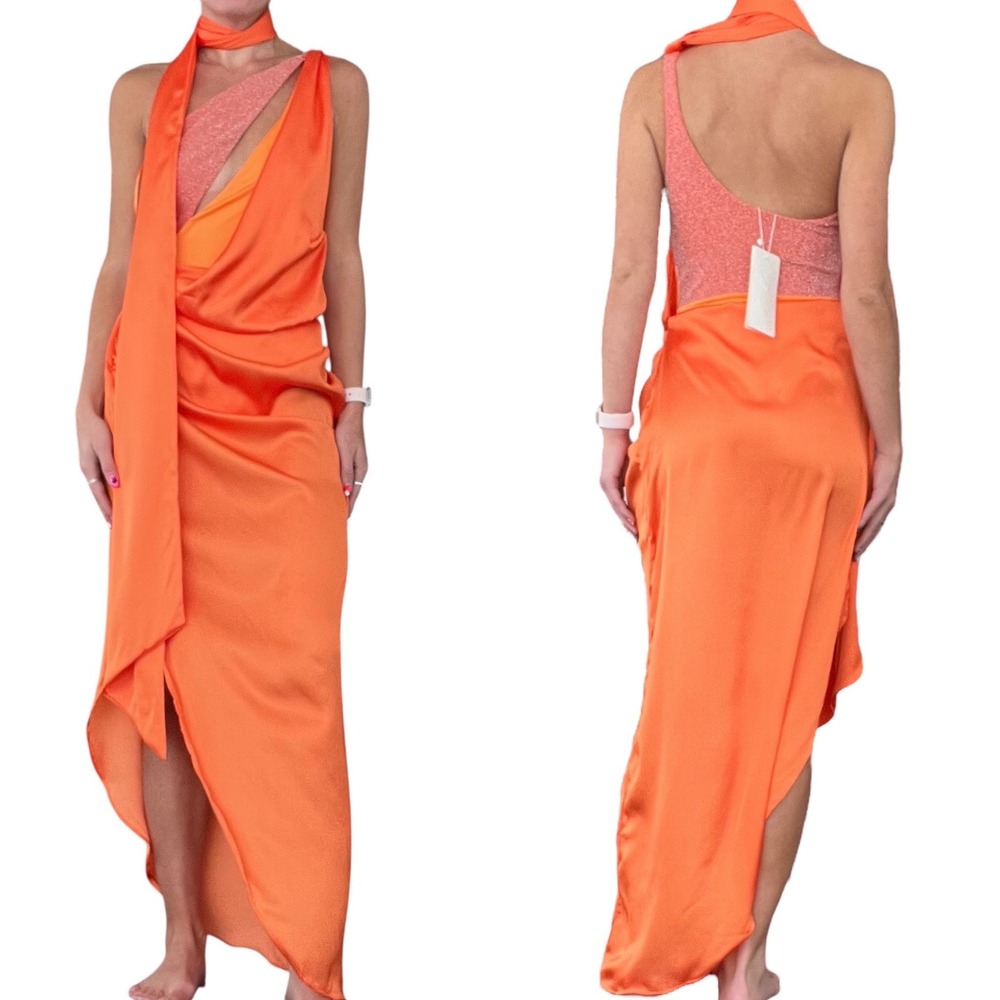 Baobab Women's Sm Gavea Orange One Shoulder Ruched Draped Silky Asaka Maxi Dress